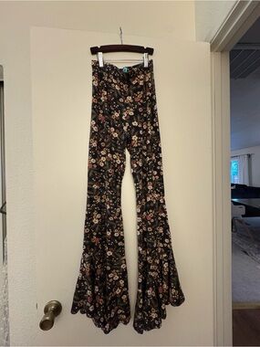 Farm Rio Floral Bell Bottom Pants — Black with Pink & Cream Flowers